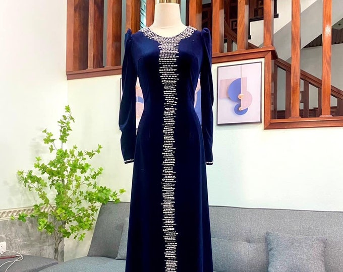 Luxurious Designed Navy Velvet Ao Dai Vietnamese Traditional Ao Dai