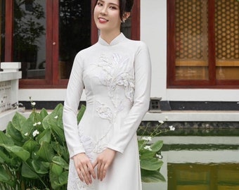 LuxuriousWhite Ao Dai for The Bride, Women's White Ao Dai, Ao Dai Co Dau Mau Trang, Áo dài Trắng Cô Dâu