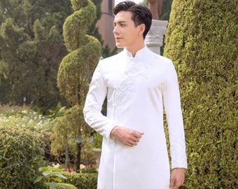 White Luxirious Designed Vietnamese Traditional Long Dress for Men, Ao Dai Chu Re, Ao Dai Nam. No pants