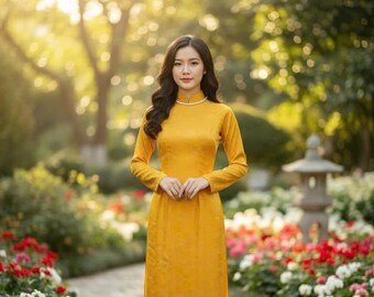 May include: A woman wearing a long, mustard-yellow dress with long sleeves and a high neckline. The dress is worn in a garden setting with flowers and trees in the background. The woman is wearing a pearl necklace.