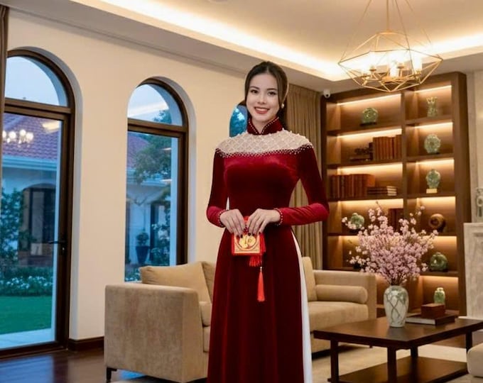 Luxurious Velvet Red Ao Dai for The Bride, Women's White Ao Dai, Ao Dai Co Dau Mau Trang, Áo dài Trắng Sang Trong