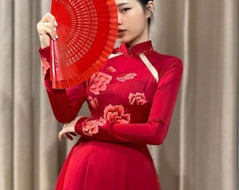 Luxurious Red Ao Dai for The Bride, Ao Dai Co Dau Mau Do, Áo dài Đỏ Cô Dâu