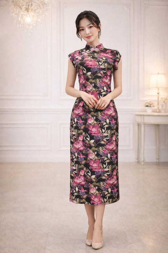 Elegant Black Floral Cheongsam | Vintage-inspired Qipao Dress | Mandarin  Collar | Handmade Vietnamese Ao Dai Style - Etsy Israel