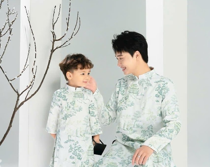 Embroidered Dad and Son matching Vietnamese Ao Dai, Áo Dài Bố Và Con Trai Thêu Thủy Hạc