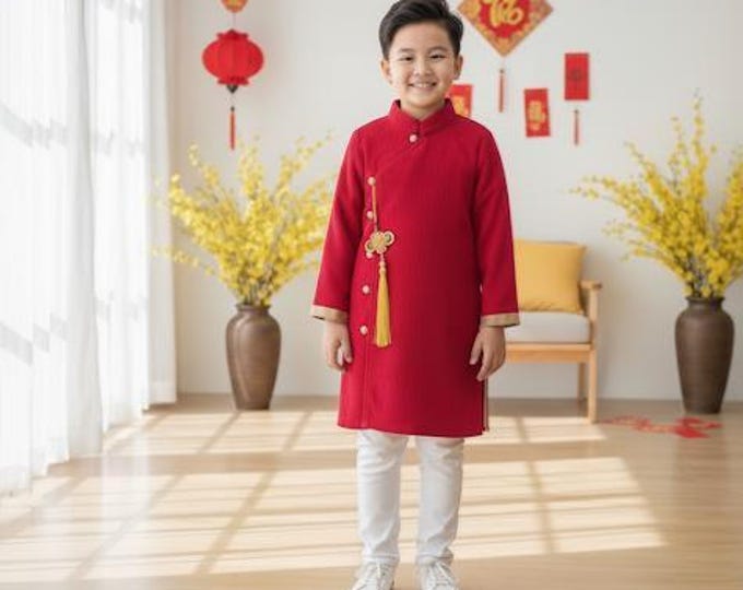 Beautiful Vietnamese Red Velvet Ao Dai For Kids, Children's Ao Dai, Ao dai for Boys , Boy's Ao Dai, Ao Dai Be Trai