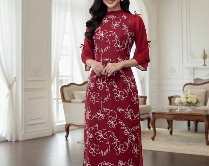 Red Modernized Embroidered Loose-fitting Ao Dai, Ao Dai Viet Nam Cach Tan Dang Suong Cao Cap, Áo Dài Suông việt nam cao cấp