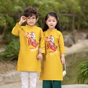 Gold Taffeta Ao Dai for Kids, Children&#39;s Ao Dai, Ao dai for Boys, ao dai for Girl Boy&#39;s Ao Dai Girl&#39;s Ao Dai Ao Dai Be Trai Be Gai