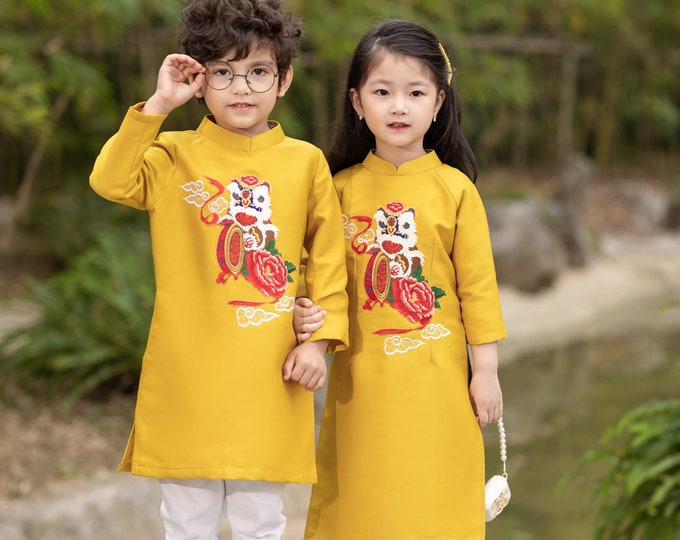 Gold Taffeta Ao Dai for Kids, Children's Ao Dai, Ao dai for Boys, ao dai for Girl Boy's Ao Dai Girl's Ao Dai Ao Dai Be Trai Be Gai