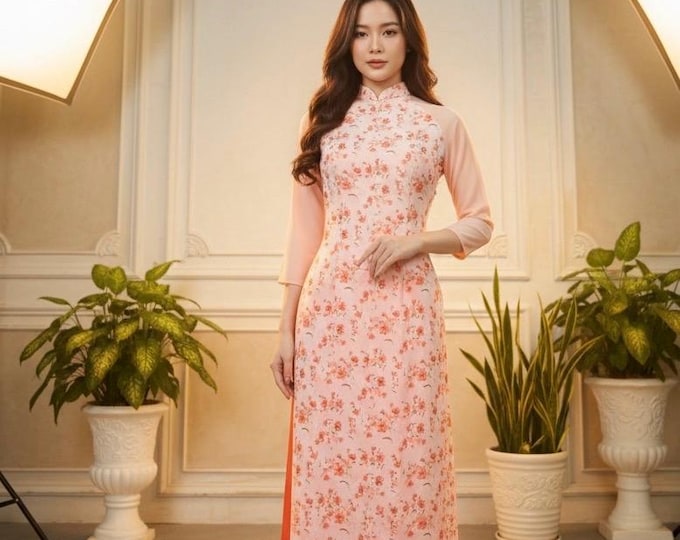 Peach Floral Vietnamese Áo Dài | Double Layer Premium Fabric | Traditional Dress with Bright Orange Pants