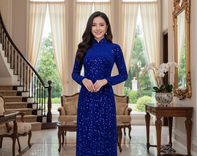 Blue Luxurious Sequin ao dai, Ao dai for Bride mother of Bride/Groom, Ao dai truyen thong Dep