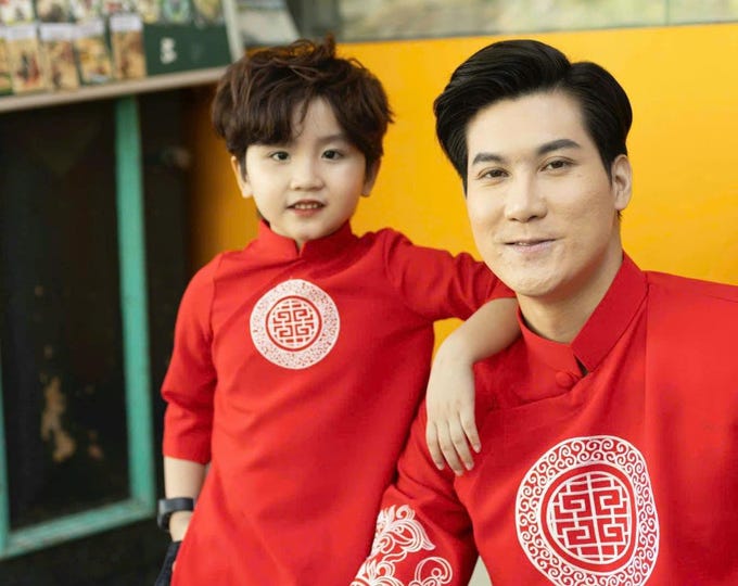 Red Embroidered Father and Son Matching Vietnamese Ao Dai, Ao dai for men, Ao dai for boys, Áo Dài Bố Và Con Trai Thêu Thủy Hạc