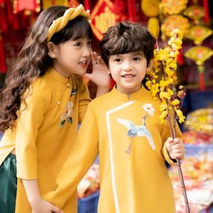 Vietnamese Gold Velvet Ao Dai for Kids, Children&#39;s Ao Dai, Ao dai for Boys, ao dai for Girl Boy&#39;s Ao Dai Girl&#39;s Ao Dai Ao Dai Be Trai Be Gai