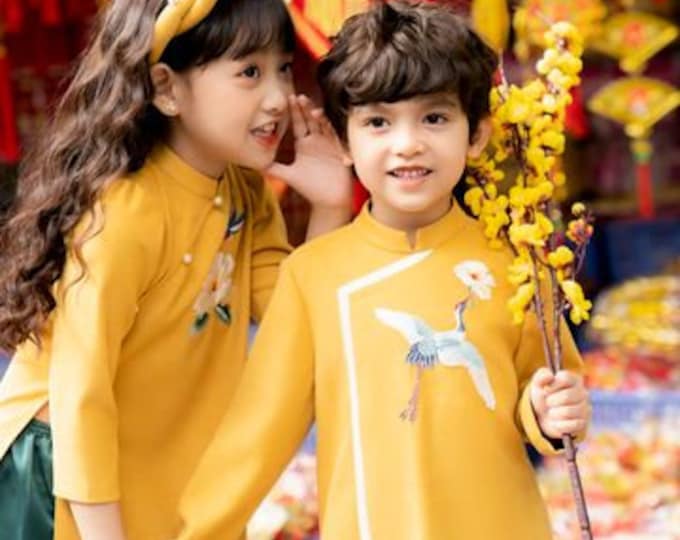 Vietnamese Gold Velvet Ao Dai for Kids, Children's Ao Dai, Ao dai for Boys, ao dai for Girl Boy's Ao Dai Girl's Ao Dai Ao Dai Be Trai Be Gai