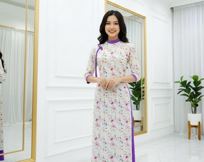 Beautiful Purple Floral Vietnamese Áo Dài | Double Layer | Premium Fabric | Traditional Dress