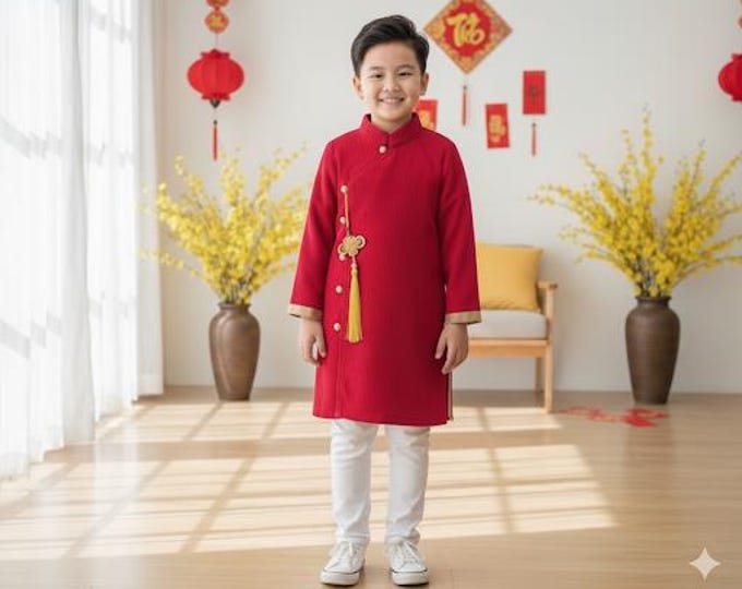 Beautiful Vietnamese Red Velvet Ao Dai For Kids, Children's Ao Dai, Ao dai for Boys , Boy's Ao Dai, Ao Dai Be Trai