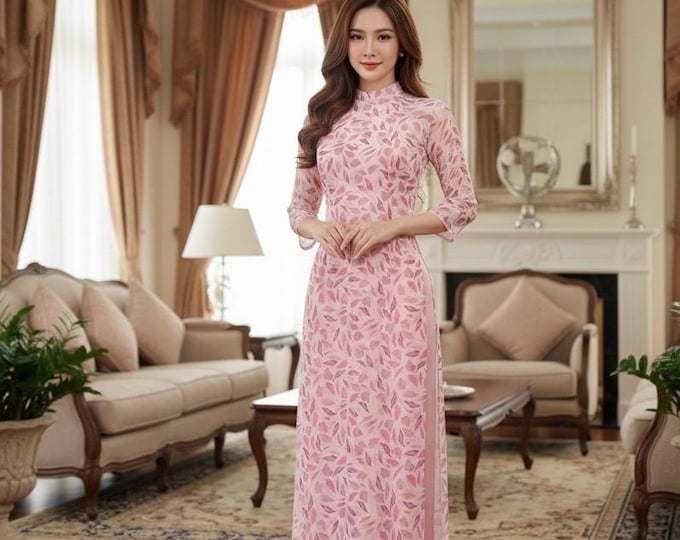 Pink Floral Vietnamese Áo Dài | Double Layer | Premium Fabric | Traditional Dress