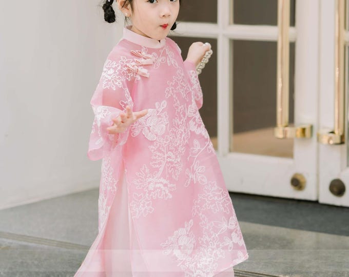 Pink  Emroidered Vietnamese Ao Dai For Girls , Children's Ao Dai, Ao dai for Kids , Kid's Ao Dai, Girls' Ao Dai