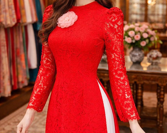 Luxurious Red Lace Ao Dai, Vietnamese Traditional Dress