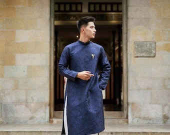 Designed Vietnamese Traditional Long Dress for the Groom, Men's ao dai, Ao dai for men, Ao Dai Nam,Ao Dai Chu Re, Ao Dai Nam. No pants