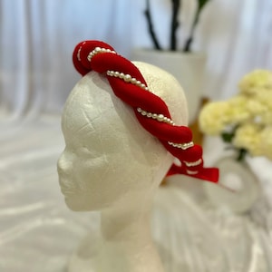 Red Twist Headpieces for Ao Dai with Pearls, Vietnamese Headpiece, Mấn áo dài, MAN AO DAI