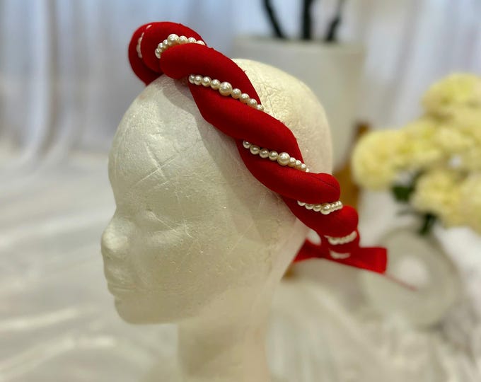 Red Twist Headpieces for Ao Dai with Pearls, Vietnamese Headpiece, Mấn áo dài, MAN AO DAI