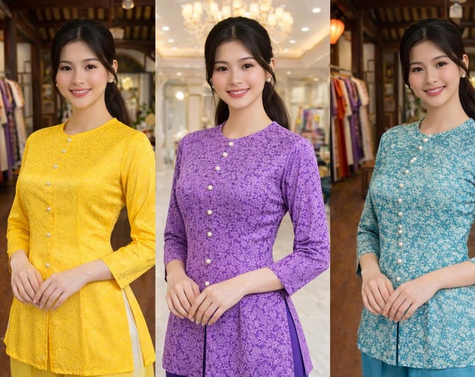 Yellow/Purple/Tiffany Vietnamese Ba Ba Outfit  Set Traditional Jacquard Tunic & Silk Pants | Elegant Cultural Wear