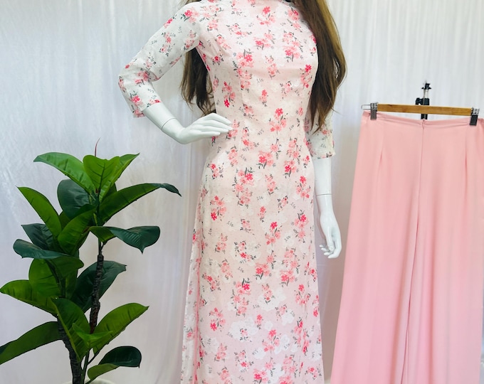 Pink Floral Vietnamese Áo Dài | Double Layer | Premium Fabric | Traditional Dress