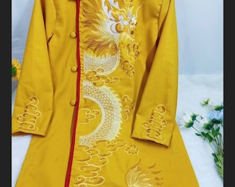 Gold Embroidered Designed Vietnamese Traditional Long Dress for the Groom, Men's ao dai, Ao dai for men, Ao Dai Chu Re, Ao Dai Nam. No pants