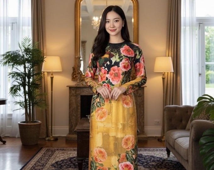 Beautiful Hand-Made Traditional Gold Floral Vietnamese Ao Dai