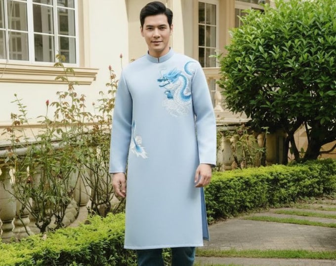 Designed Vietnamese Traditional Long Dress for Man, Men's ao dai, Ao dai for men, Ao Dai Nam,Ao Dai Chu Re, Ao Dai Nam. No pants