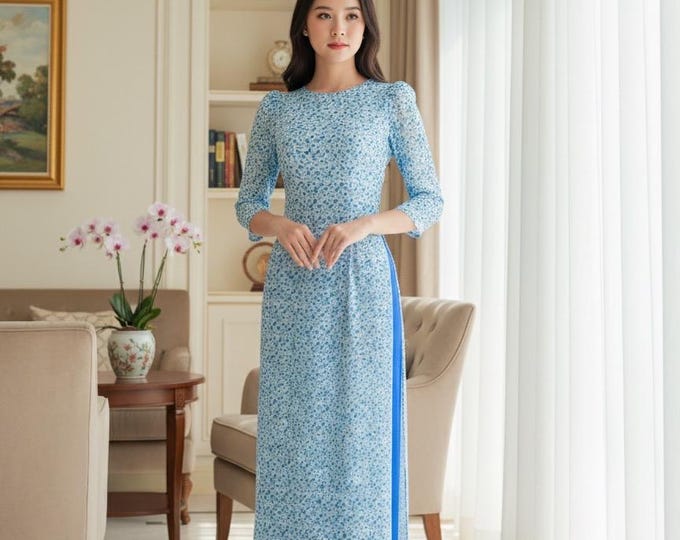 Blue Beautiful Floral Vietnamese Áo Dài | Double Layer | Premium Fabric | Traditional Dress