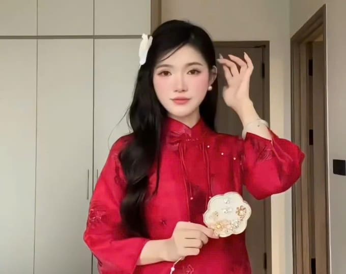 Red Modernized Embroidered  Ao Dai, Ao Dai Viet Nam Cach Tan Cao Cap, Áo Dài việt nam cao cấp