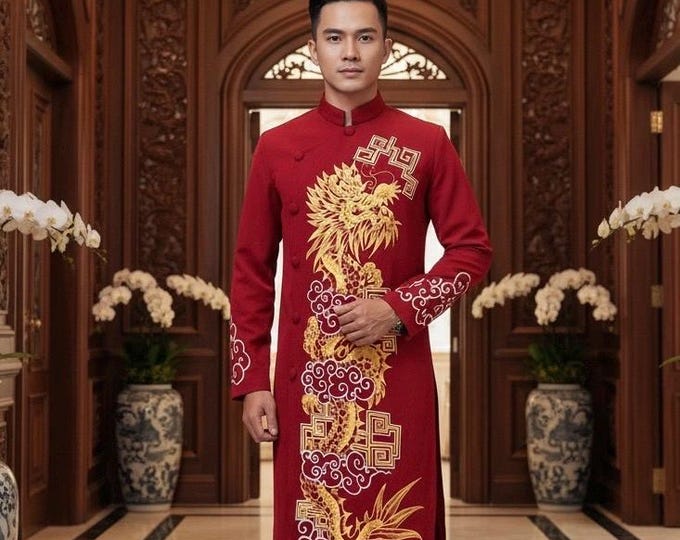 Oil Painting Red Vietnamese Traditional Long Dress for Men, Ao Dai Chu Re, Ao Dai Nam. No pants