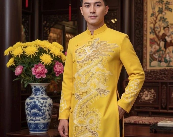 Oil Painting Yellow Vietnamese Traditional Long Dress for Men, Ao Dai Chu Re, Ao Dai Nam. No pants