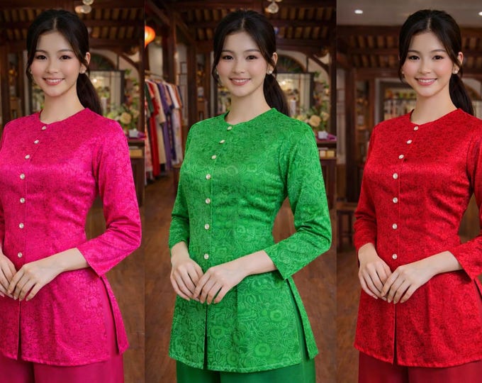 Green/Pink/Red Vietnamese Ba Ba Outfit Traditional Jacquard Tunic & Silk Pants | Ba ba Top only