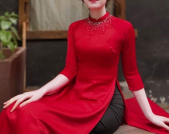 Beautiful Red Ao Dai with Pearls