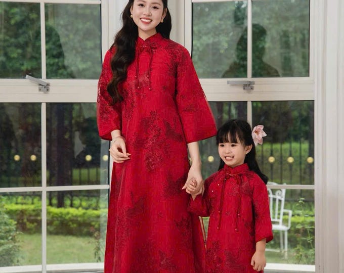 Red Emroidered 4 flaps Vietnamese Ao Dai For Girls, Children's Ao Dai, Ao dai for Kids , Kid's Ao Dai, Girls' Ao Dai