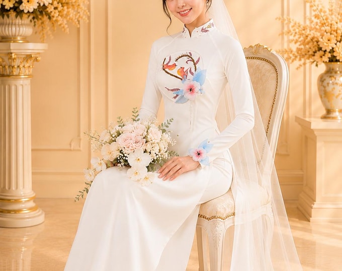 Luxurious White Traditional Ao Dai for women,White ao dai for the bride, Ao dai co dau,áo dài cô dâu