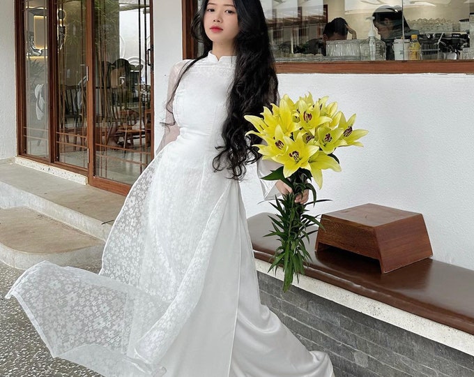 Beautiful White Double Layers Vietnamese Ao dai