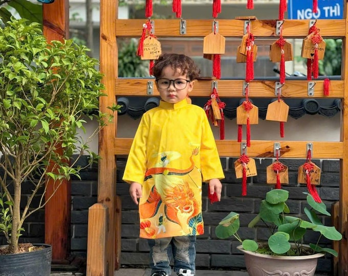 Yellow Vietnamese Ao Dai for Boys, Children's Ao Dai, Ao dai for Boys, Boy's Ao Dai, Ao Dai Be Trai, Boys Ao Dai