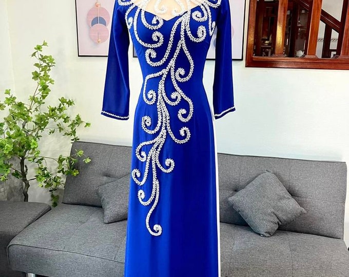 Luxurious Designed Traditional Ao Dai for women, Blue ao dai for mother of Bride/groom , Ao dai truyen thong cho me co dau