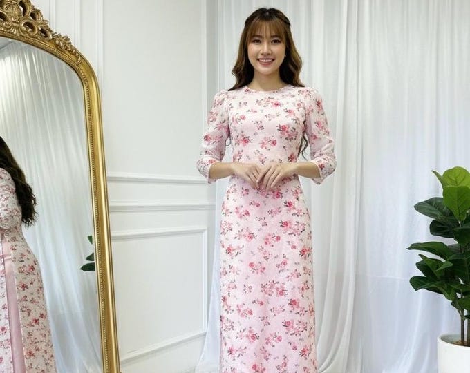 Pink Floral Vietnamese Áo Dài | Double Layer | Premium Fabric | Traditional Dress