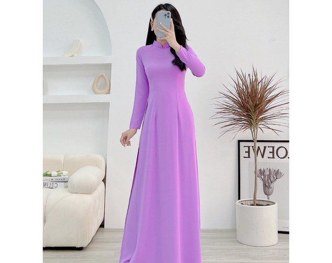 Purple Hand-Made Traditional Chiffon Silk Vietnamese Ao Dai, , Ao Dai Truyen Thong Mau Tim Cao Cap