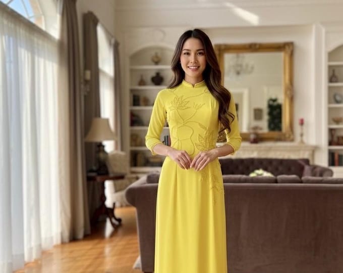 Luxurious Double Layers Yellow Ao Dai for women with beads Vietnamese Traditional Ao Dai, ao dai Viet Nam Cao Cap,Áo Dài Việt nam Cao Cấp
