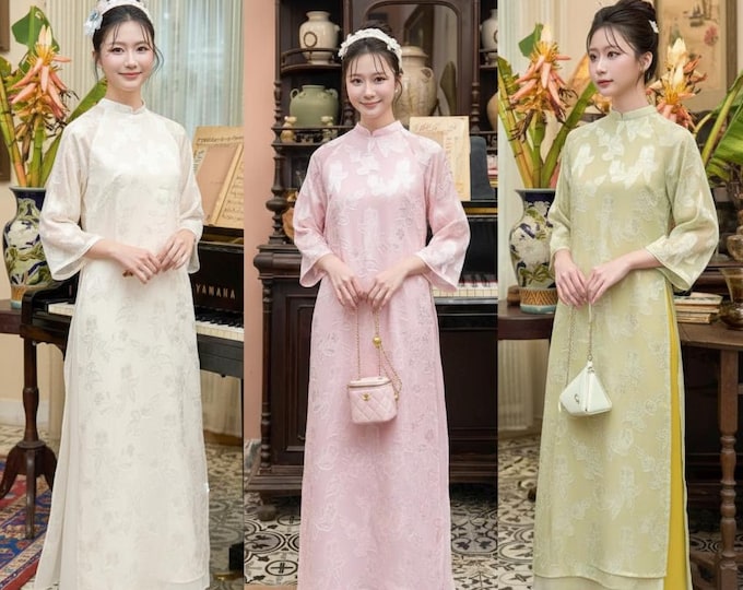 Designed Loose-fitting Modernized Ao Dai Ao Dai Cach Tan Dang Suong Thiet ke Dep Beautiful Hand-made Ao Dai