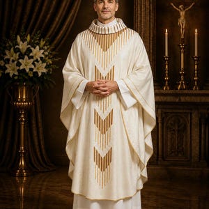 May include: A cream-coloured liturgical chasuble featuring a high collar and a central vertical panel decorated with gold and white chevron patterns. The garment has wide, flowing sleeves and a subtle tonal damask texture throughout the fabric.