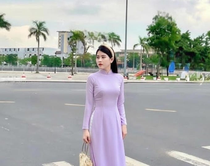 Purple Hand-Made Traditional Vietnamese Ao Dai, No Pearls, Van Go Silk Ao Dai, Ao Dai Lua Van Go Cao Cap