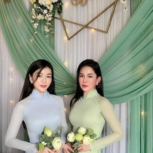 Handmade Long Double Layers Ao Dai, Ao Dai Viet Nam mau Xanh cao Cap, Áo Dài truyền thống việt nam cao cấp image 6