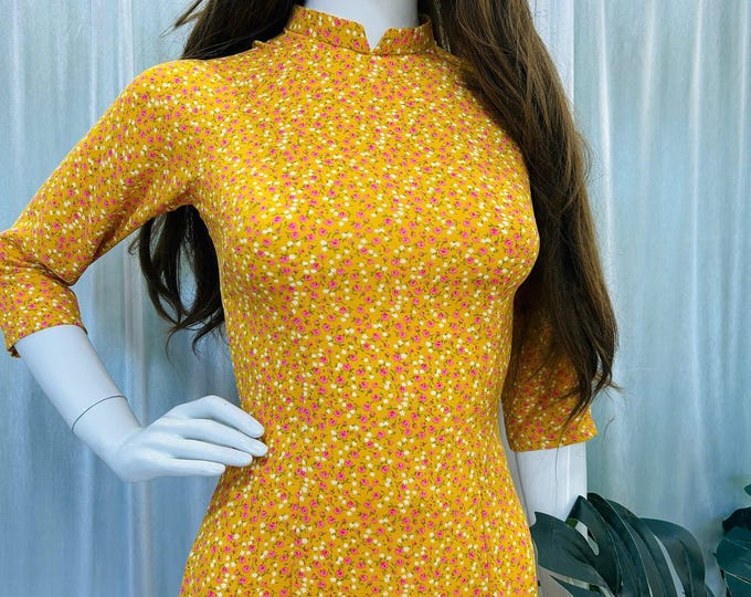 Yellow Floral Silk Traditional Vietnamese Ao Dai | Silk Premium Ao Dai | Luxury Áo Dài Hoa Nhí Cao Cấp