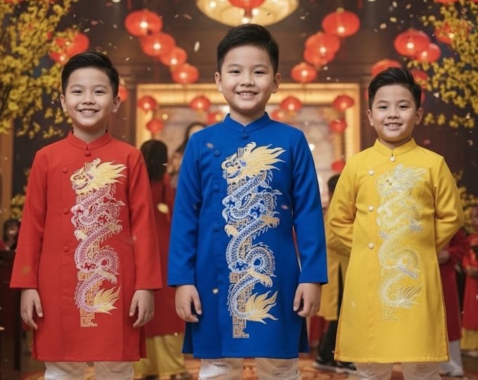 Oil painting Vietnamese Ao Dai for Kids, Children's Ao Dai, Ao dai for Boys, Boy's Ao Dai, Ao Dai Be Trai